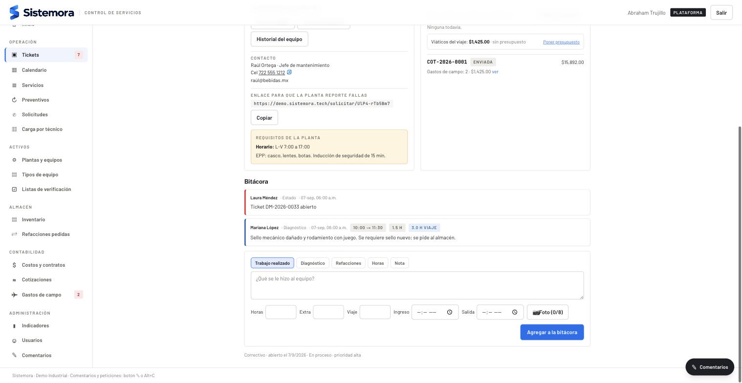 Bitácora del ticket con horas, viaje y captura de trabajo realizado