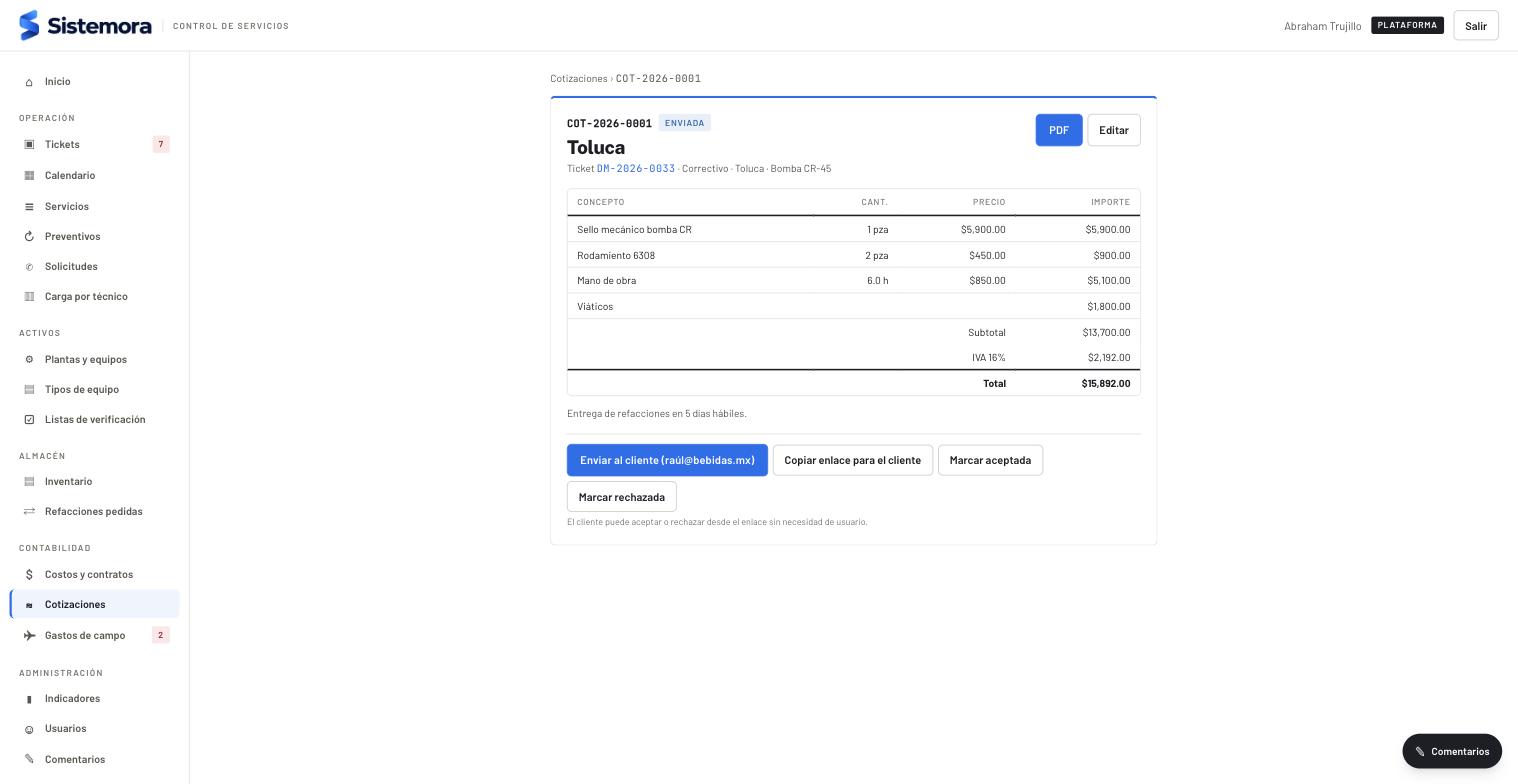 Cotización con refacciones, mano de obra, viáticos e IVA, con enlace para el cliente