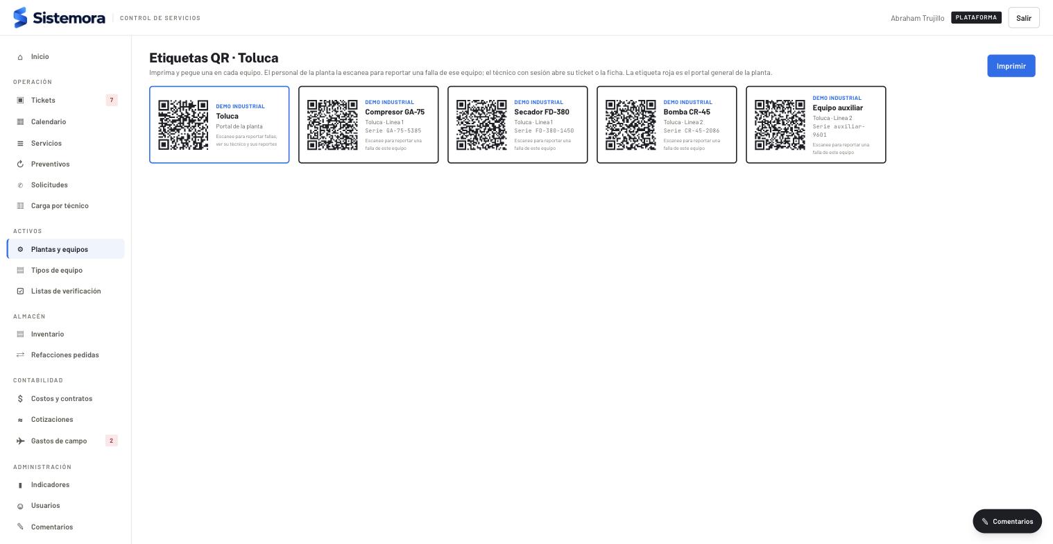 Etiquetas QR de la planta y de cada equipo, listas para imprimir