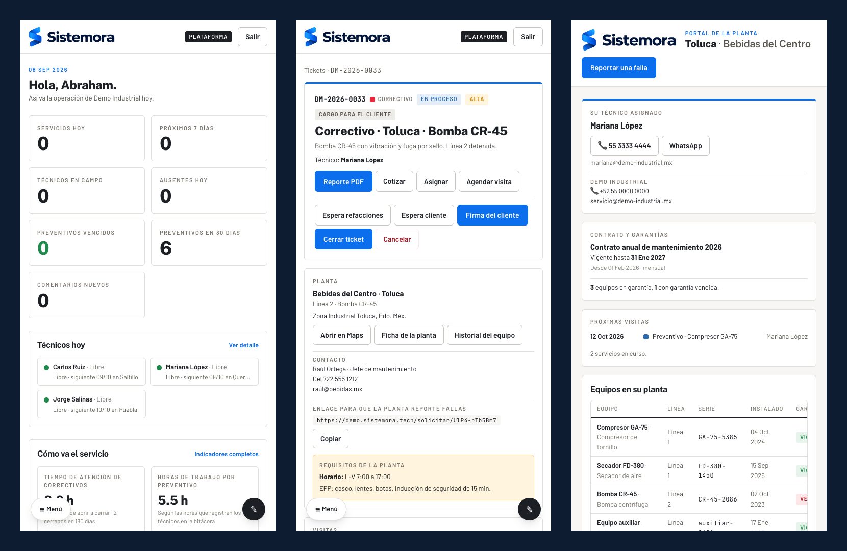 Sistemora en el celular: inicio, ticket y portal de la planta