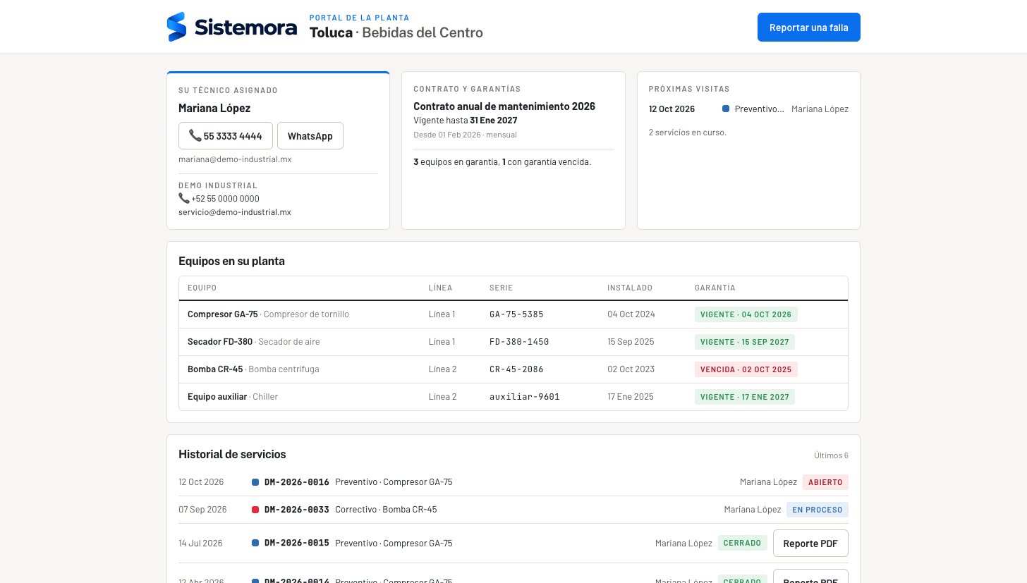Portal público de la planta: técnico asignado, contrato y garantías, equipos e historial