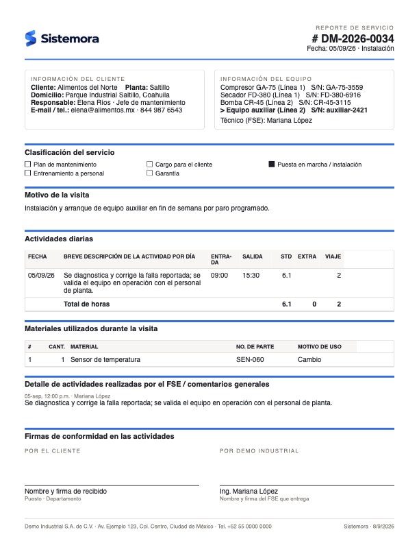 Reporte de servicio en PDF con clasificación, actividades, materiales y firmas