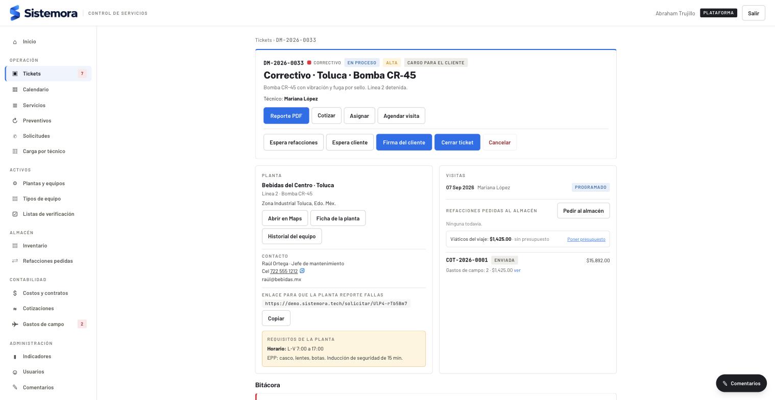 Ticket correctivo con planta, contacto, visitas, viáticos y cotización
